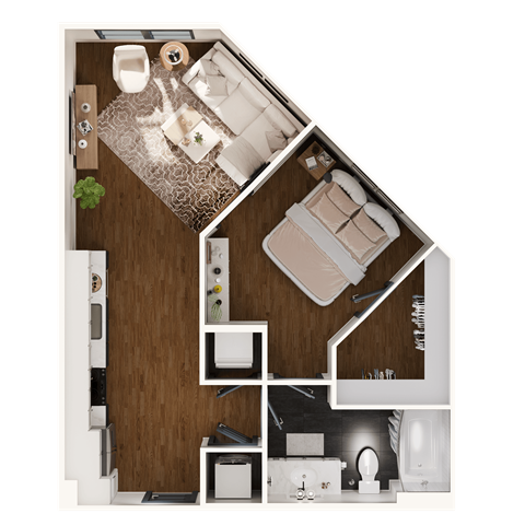 Floor plan for studio, 1 bath, 633 sqft